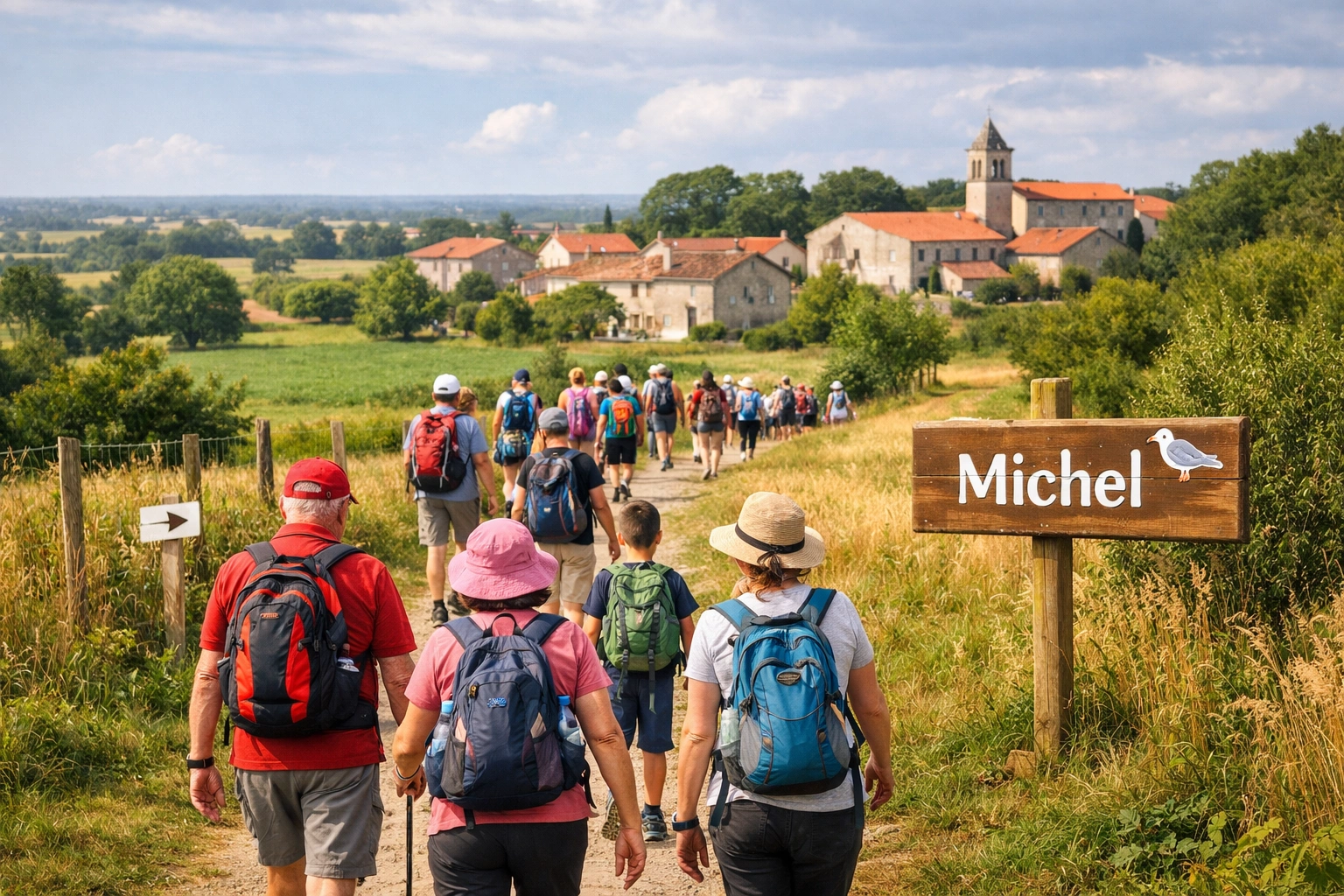 Groupe de randonneurs marchant sur un chemin de campagne vers un village français verdoyant et ensoleillé.