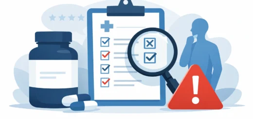 Illustration vectorielle montrant un flacon de complément, une checklist médicale et un symbole d’alerte.