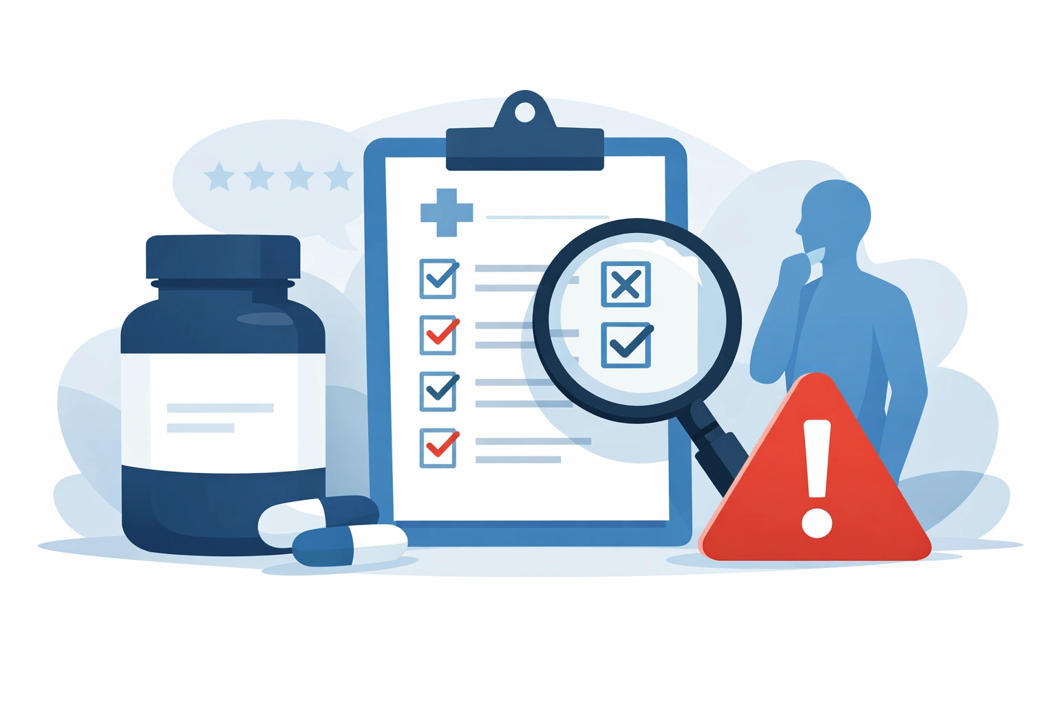 Illustration vectorielle montrant un flacon de complément, une checklist médicale et un symbole d’alerte.