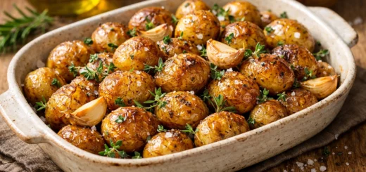 Pommes de terre grenaille rôties au four, dorées et croustillantes, aux herbes et ail, dans un plat rustique.