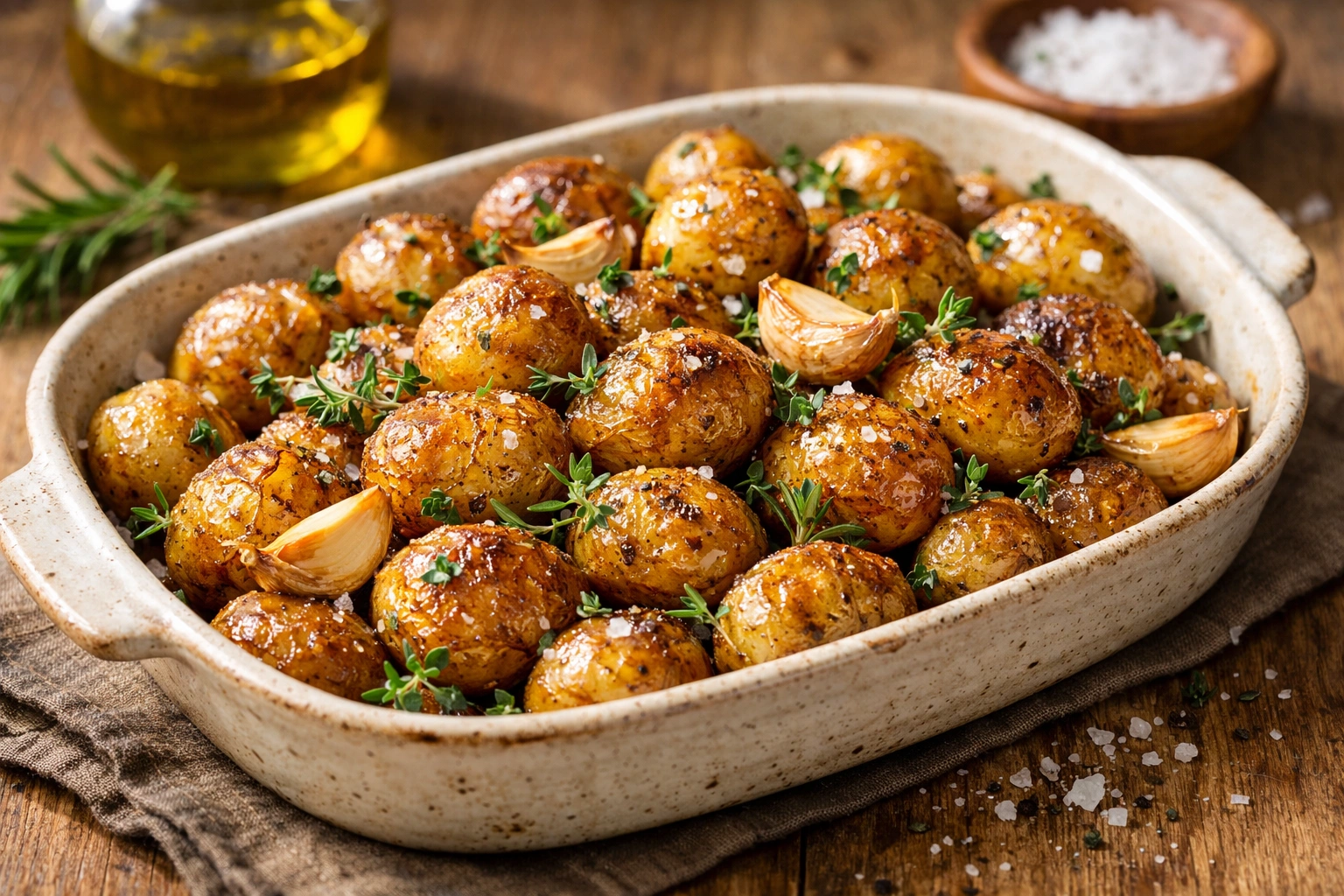 Pommes de terre grenaille rôties au four, dorées et croustillantes, aux herbes et ail, dans un plat rustique.