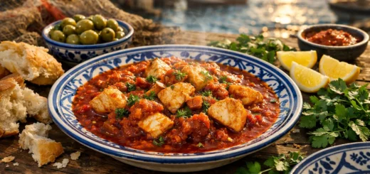 Plat tunisien marika sfaxienne au poisson, sauce tomate épicée, pain khobz et olives en bord de mer.