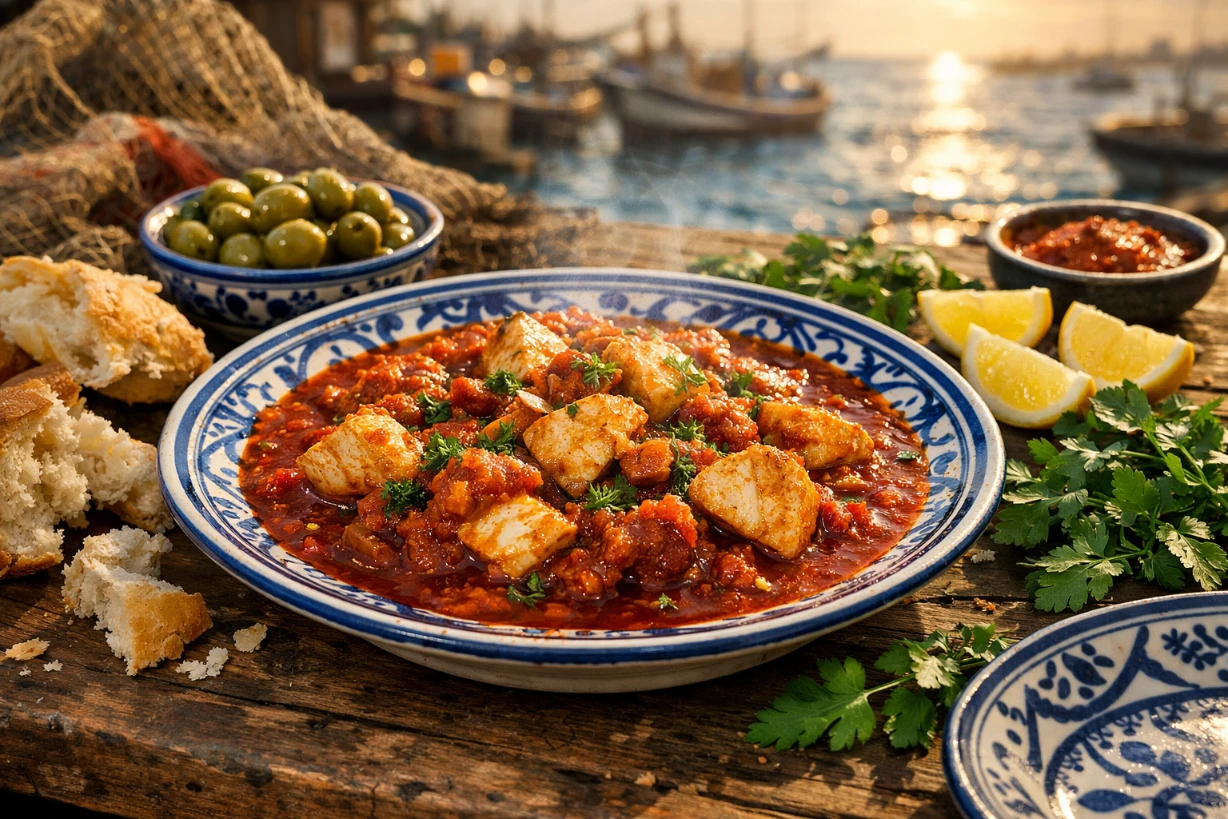 Plat tunisien marika sfaxienne au poisson, sauce tomate épicée, pain khobz et olives en bord de mer.