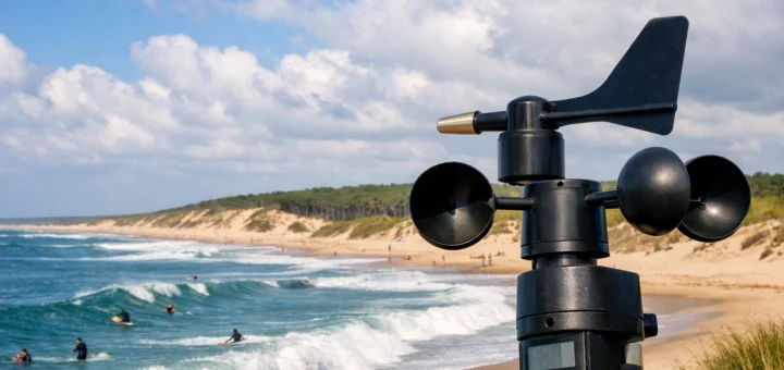 Anémomètre face à l’océan à Seignosse, mesurant le vent pendant que des surfeurs prennent les vagues.
