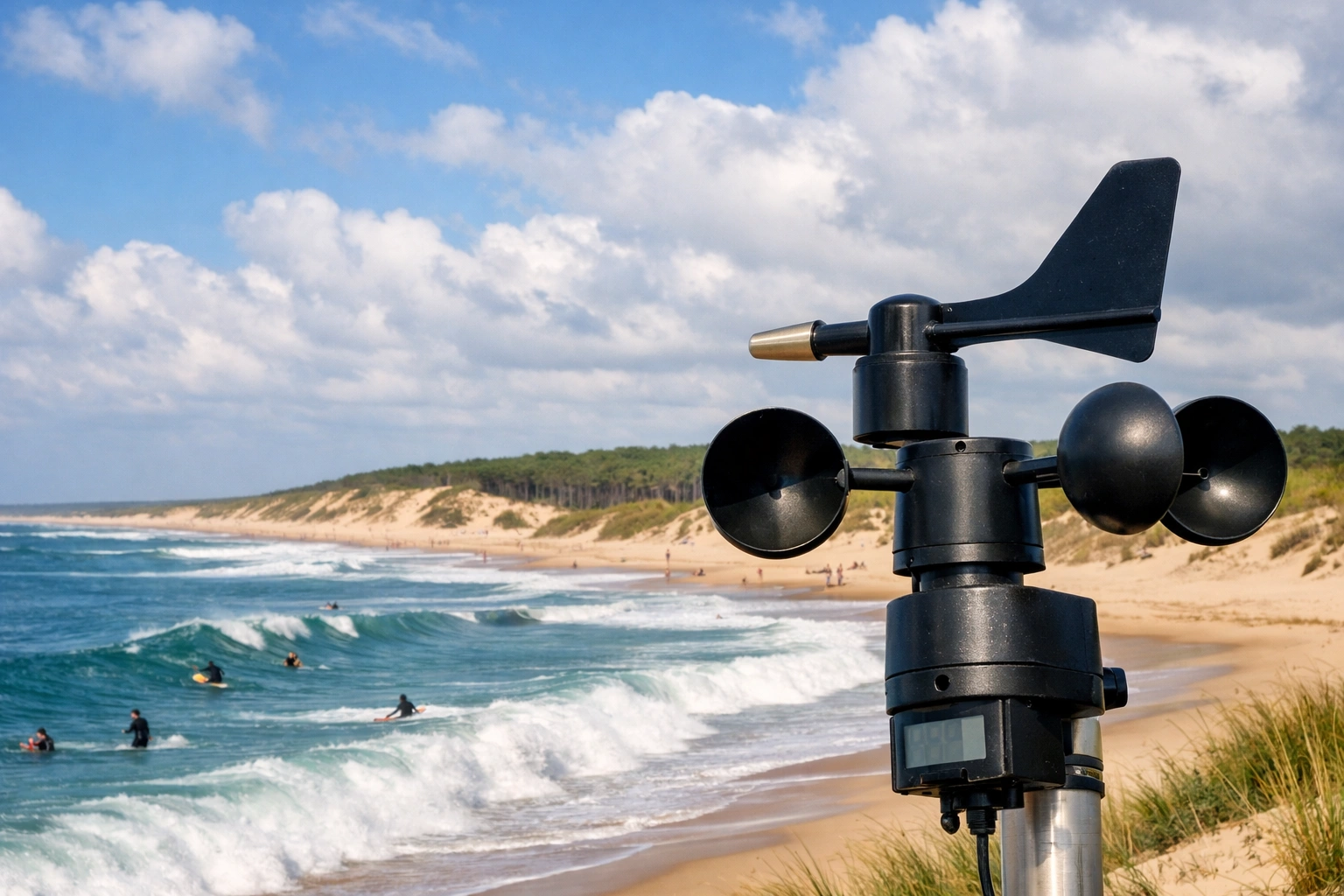 Anémomètre face à l’océan à Seignosse, mesurant le vent pendant que des surfeurs prennent les vagues.