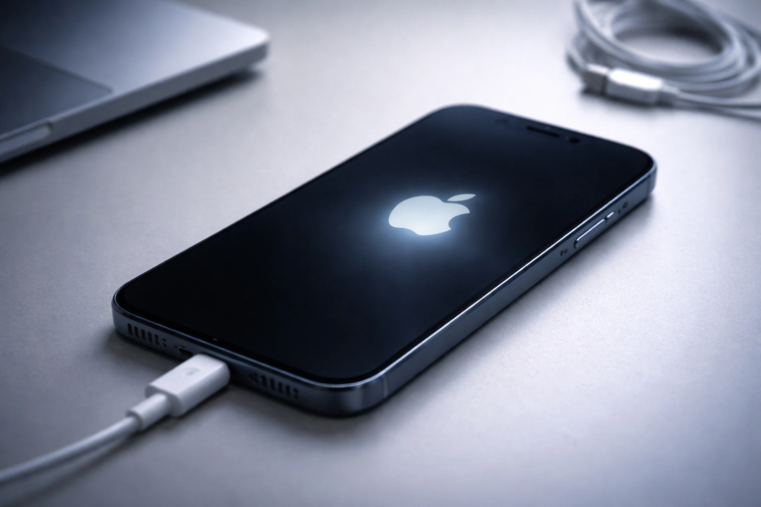 iPhone posé sur un bureau affichant un logo Apple qui apparaît et disparaît, illustrant un problème de démarrage.