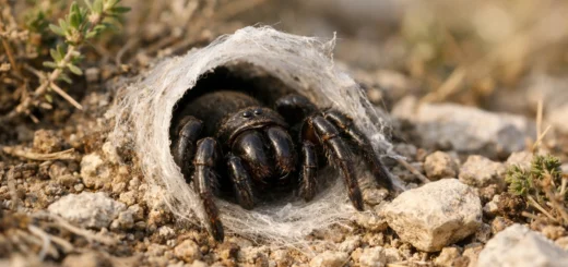 Mygale provençale sombre à l’entrée de son terrier soyeux dans un sol sec méditerranéen naturel du sud de la France.