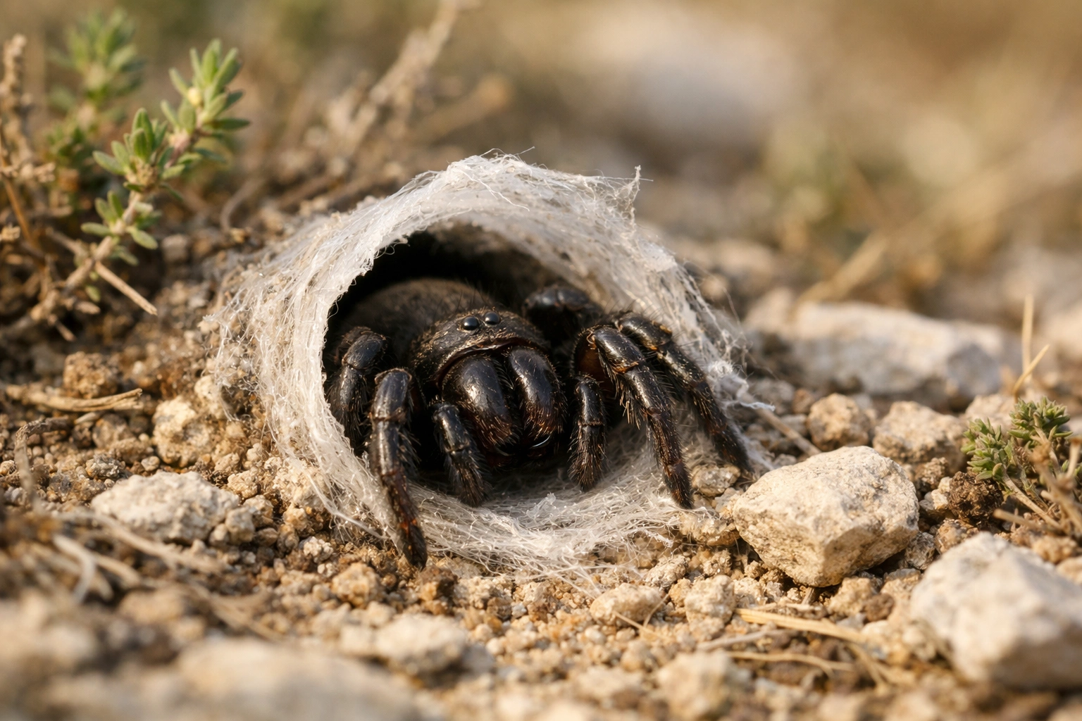 Mygale provençale sombre à l’entrée de son terrier soyeux dans un sol sec méditerranéen naturel du sud de la France.