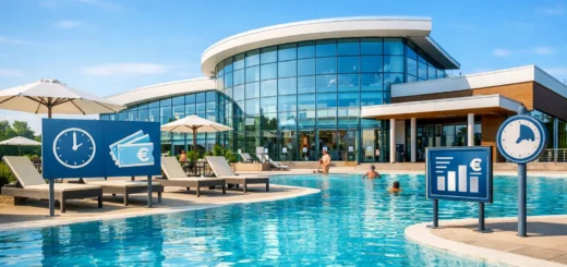 Centre aquatique moderne avec piscine extérieure turquoise, transats, parasols et façade vitrée.