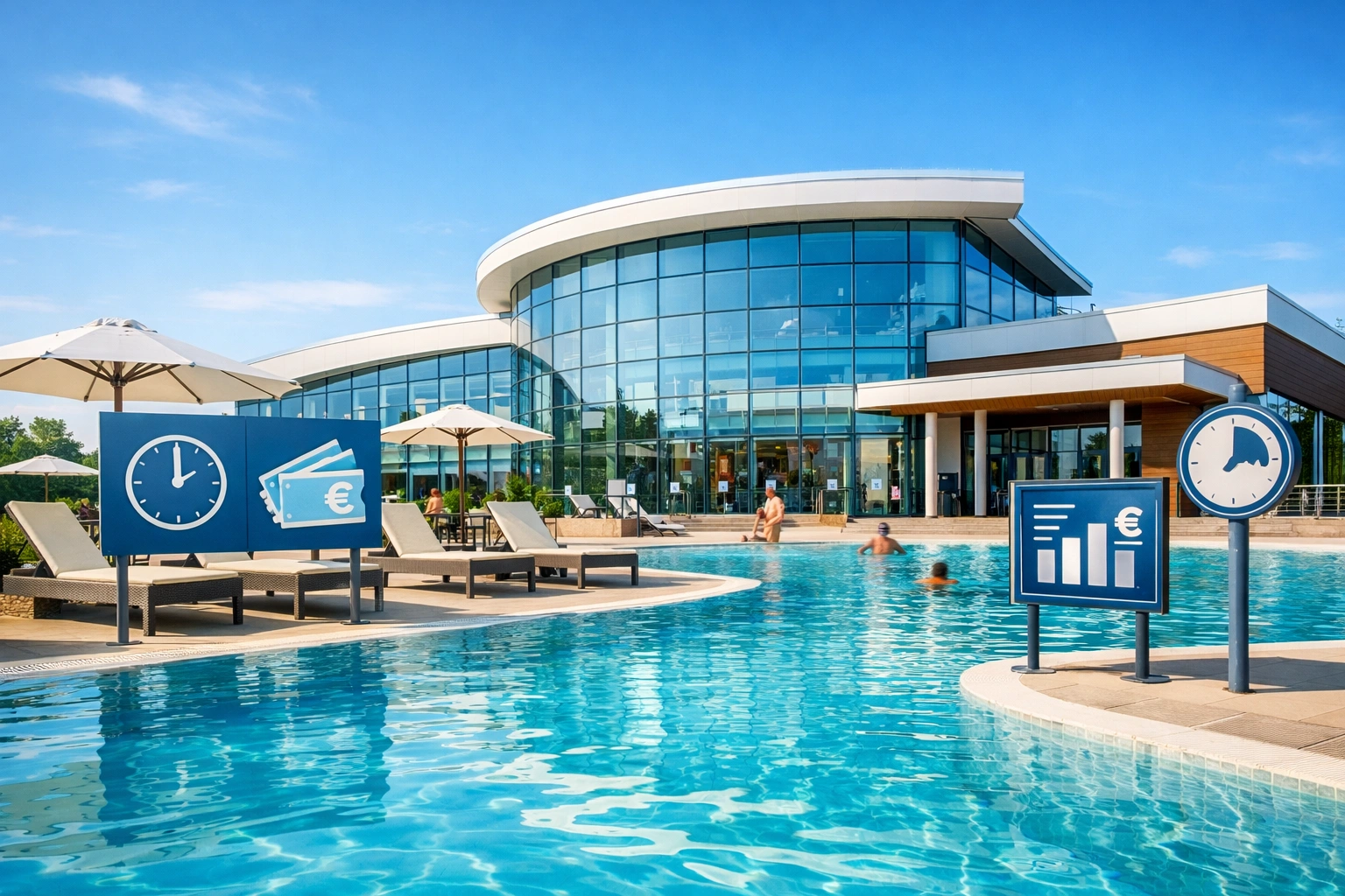 Centre aquatique moderne avec piscine extérieure turquoise, transats, parasols et façade vitrée.