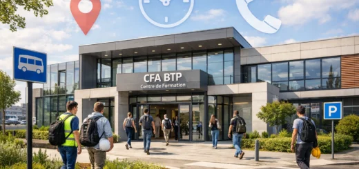 Centre de formation BTP moderne en Île-de-France avec apprentis, entrée principale et accès transports.