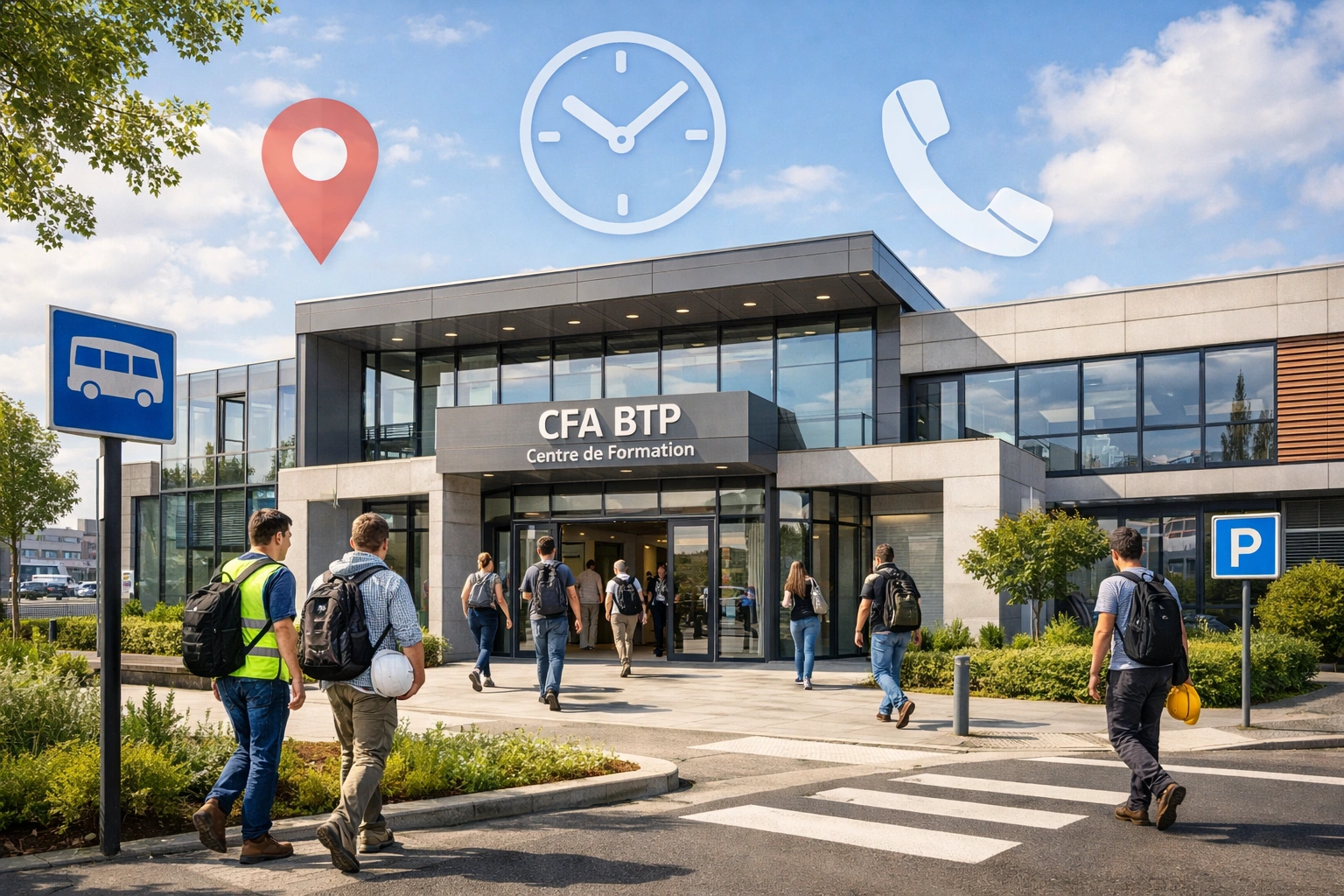 Centre de formation BTP moderne en Île-de-France avec apprentis, entrée principale et accès transports.