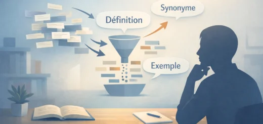 Silhouette observant des mots flottants triés en définition, synonymes et exemples dans un bureau.