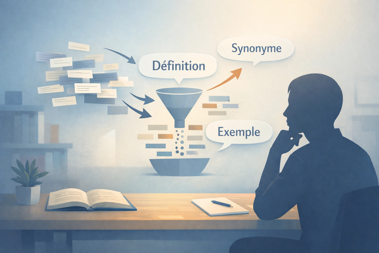 Silhouette observant des mots flottants triés en définition, synonymes et exemples dans un bureau.