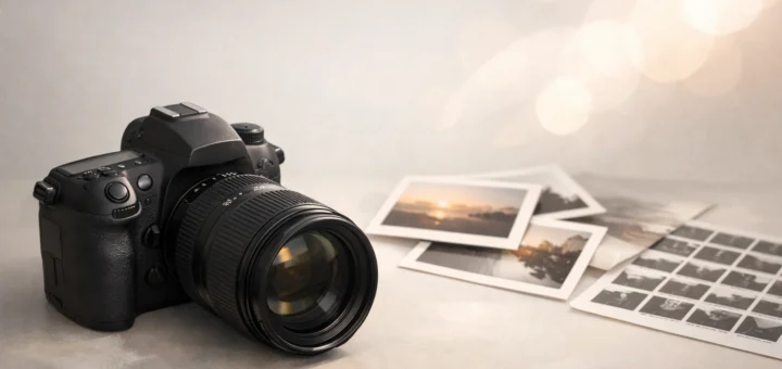 Appareil photo professionnel posé sur une table, avec tirages photo et reflets lumineux en arrière-plan.
