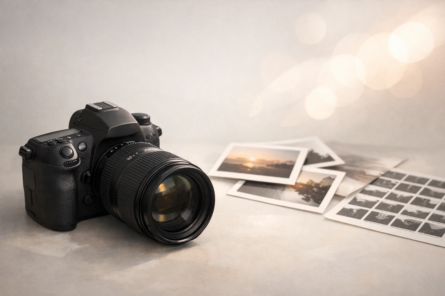 Appareil photo professionnel posé sur une table, avec tirages photo et reflets lumineux en arrière-plan.