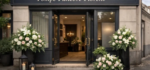 Façade élégante d’une pompe funèbre française avec compositions florales et ambiance calme urbaine devant l’entrée.