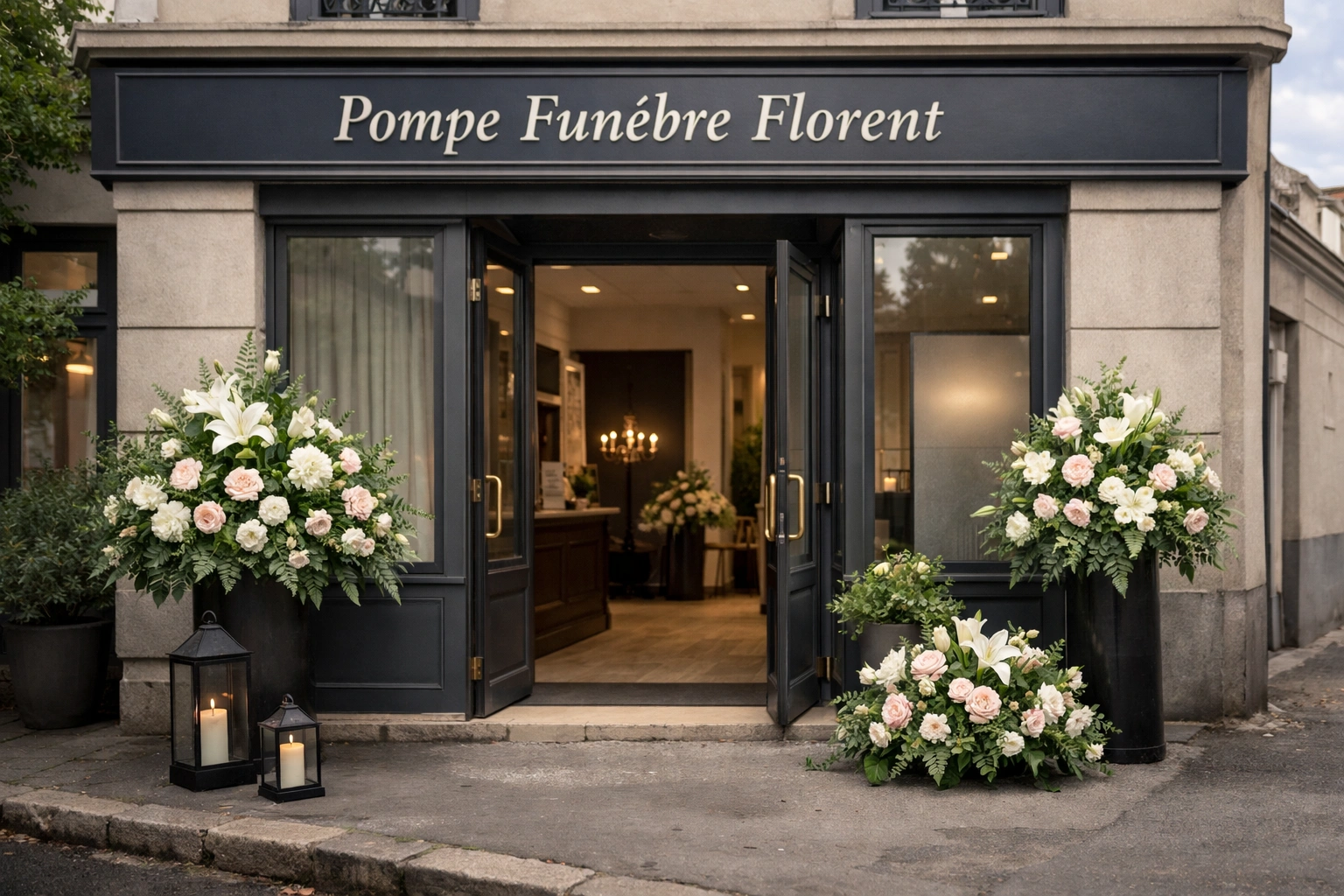Façade élégante d’une pompe funèbre française avec compositions florales et ambiance calme urbaine devant l’entrée.