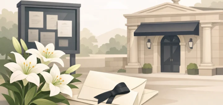 Illustration d’un service funéraire français avec lys blancs, lettre de condoléances et façade.