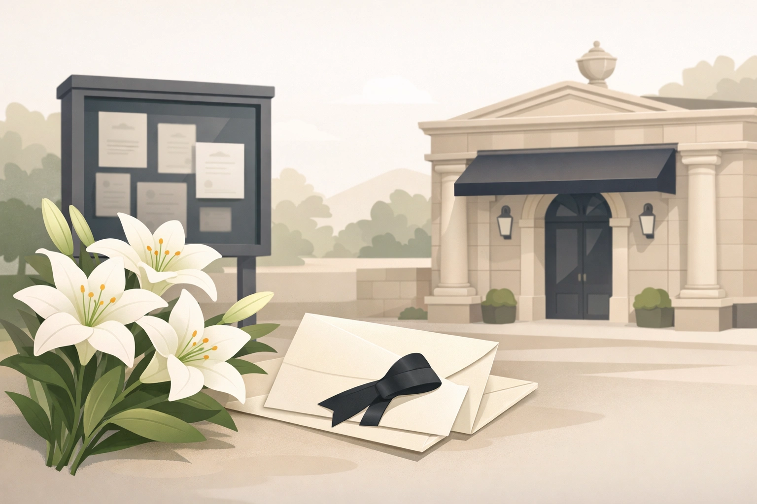 Illustration d’un service funéraire français avec lys blancs, lettre de condoléances et façade.