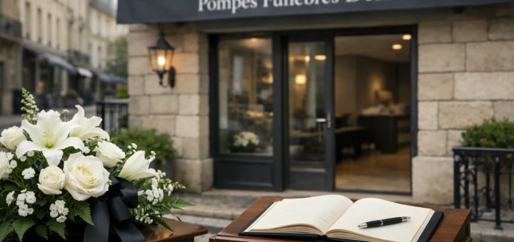 Façade d’une pompe funèbre française avec fleurs blanches et livre de condoléances, ambiance sobre et apaisante.