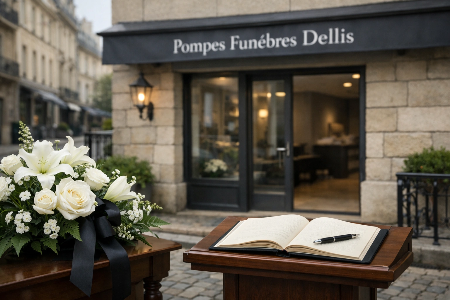 Façade d’une pompe funèbre française avec fleurs blanches et livre de condoléances, ambiance sobre et apaisante.