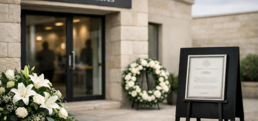 Extérieur d'un funérarium français avec fleurs blanches et avis de décès sur chevalet discret.