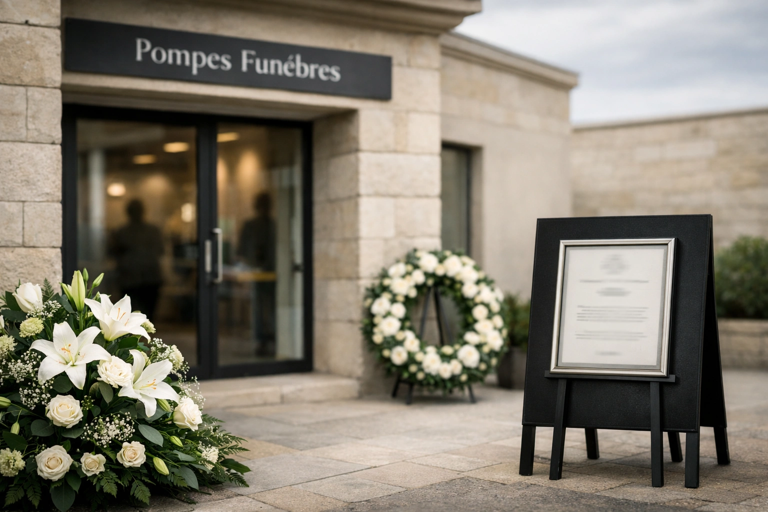 Extérieur d'un funérarium français avec fleurs blanches et avis de décès sur chevalet discret.