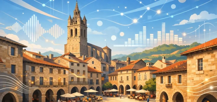 Illustration vectorielle de Villefranche-de-Rouergue mêlant place médiévale et touches numériques.