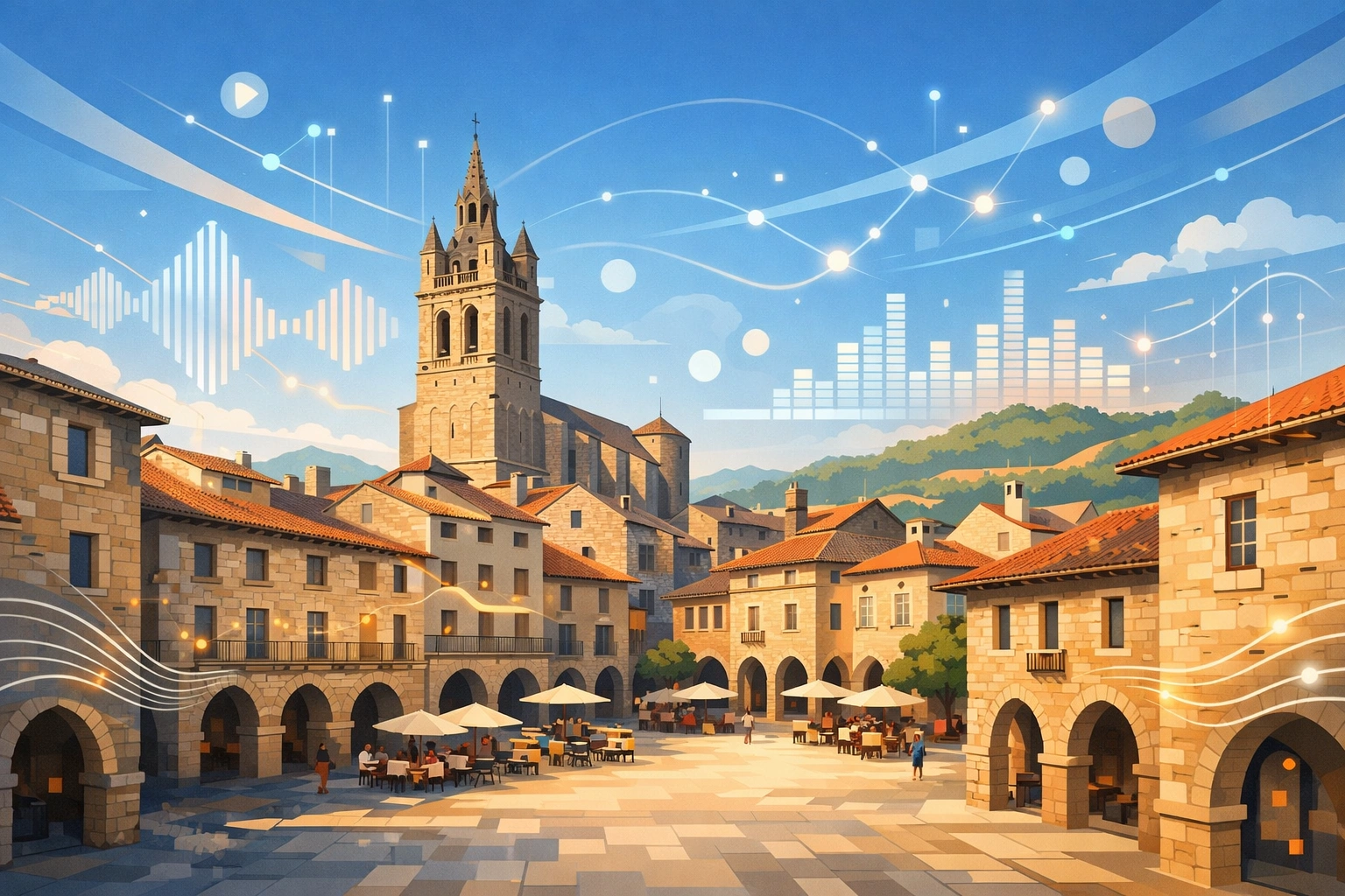 Illustration vectorielle de Villefranche-de-Rouergue mêlant place médiévale et touches numériques.