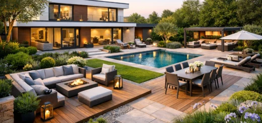 Maison moderne avec jardin paysager, piscine, terrasse en bois et espaces détente éclairés le soir.!