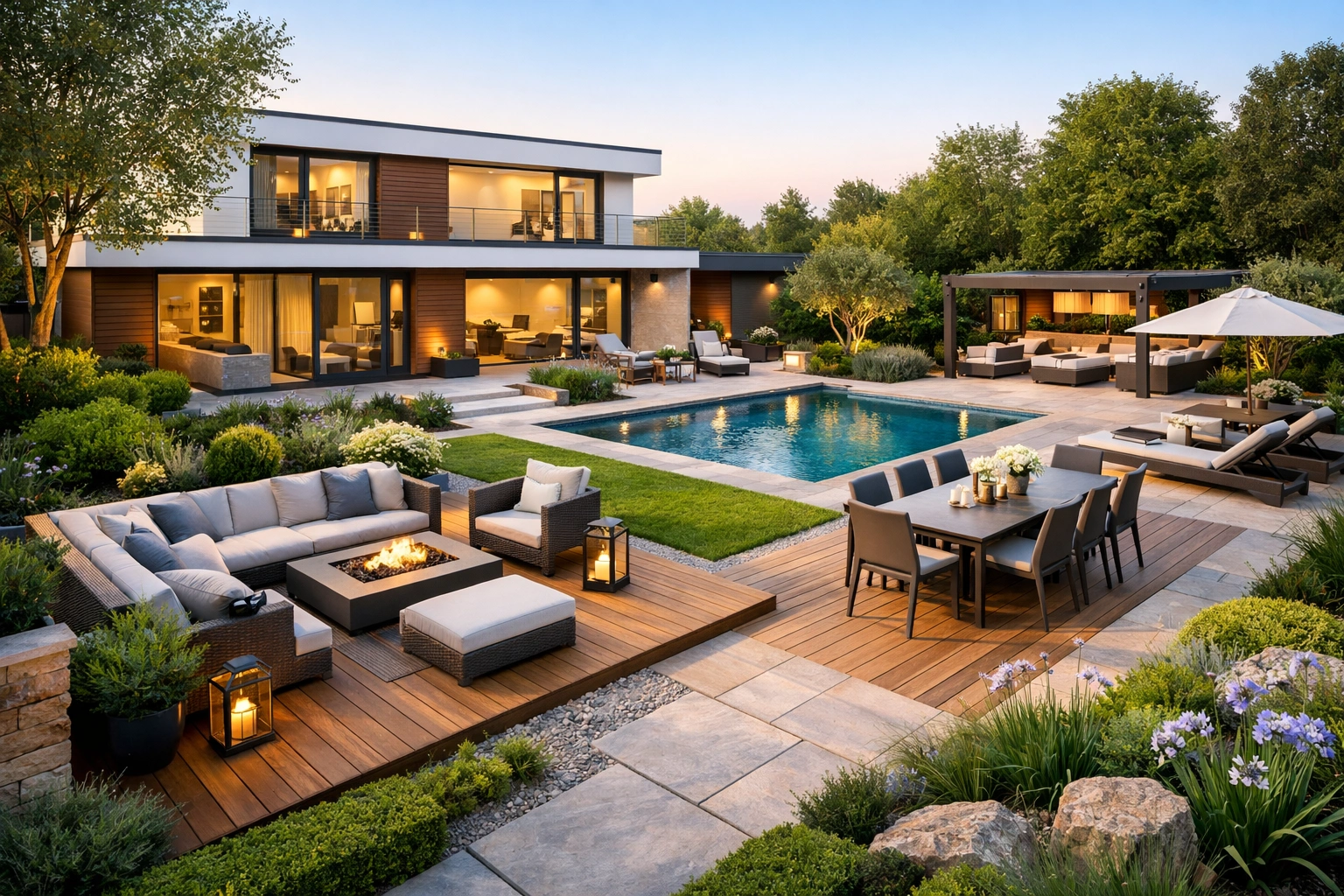 Maison moderne avec jardin paysager, piscine, terrasse en bois et espaces détente éclairés le soir.!