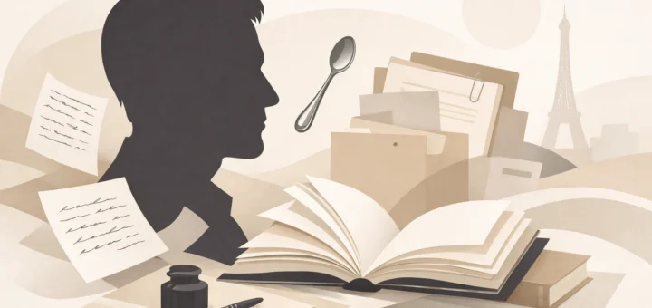Illustration minimaliste du profil d’un homme avec livres ouverts, documents et une petite cuillère.