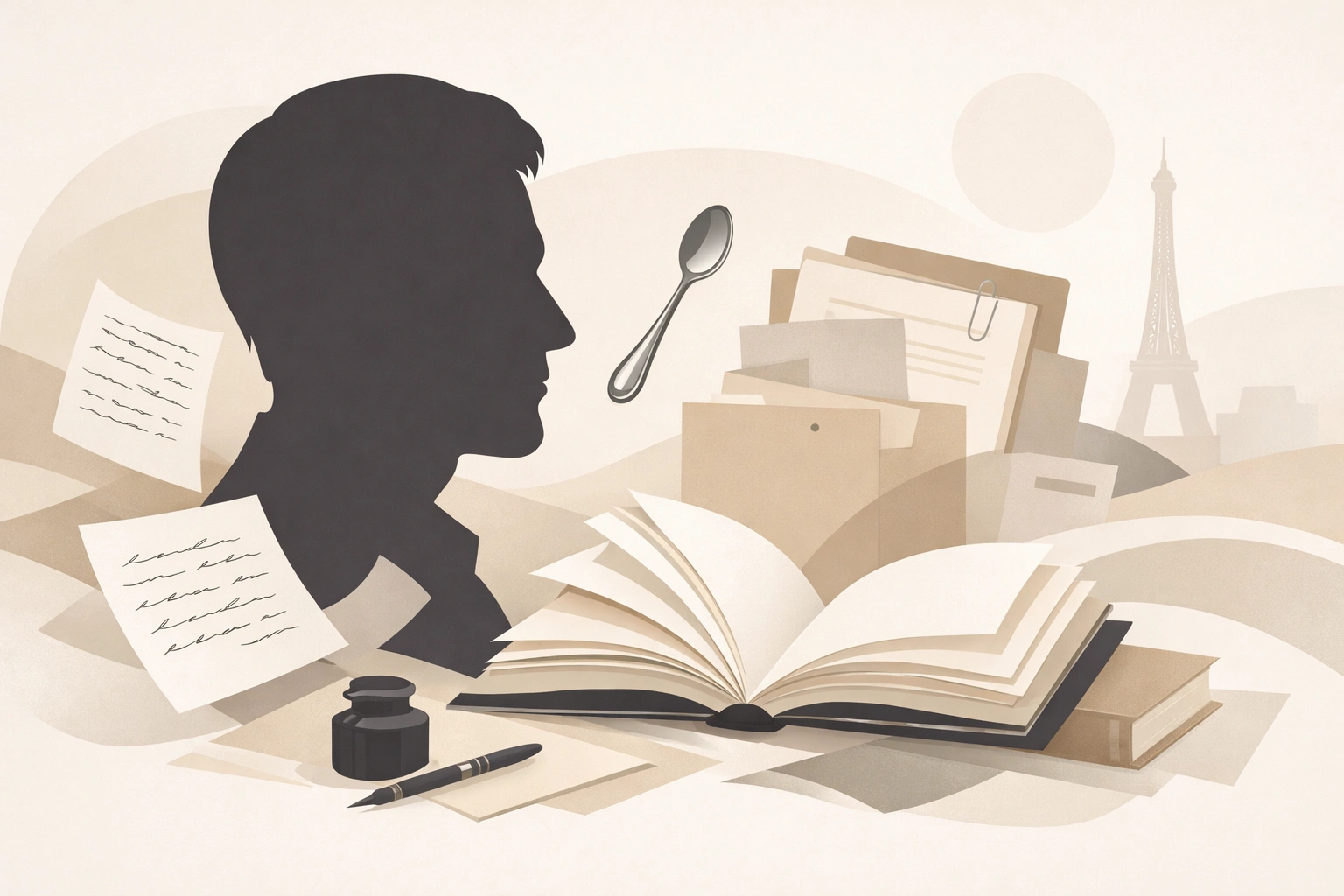 Illustration minimaliste du profil d’un homme avec livres ouverts, documents et une petite cuillère.