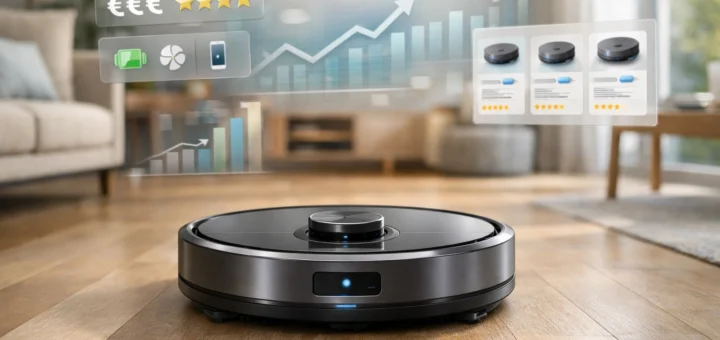 Robot aspirateur moderne dans un salon lumineux, avec icônes de comparaison prix et tendances 2026.