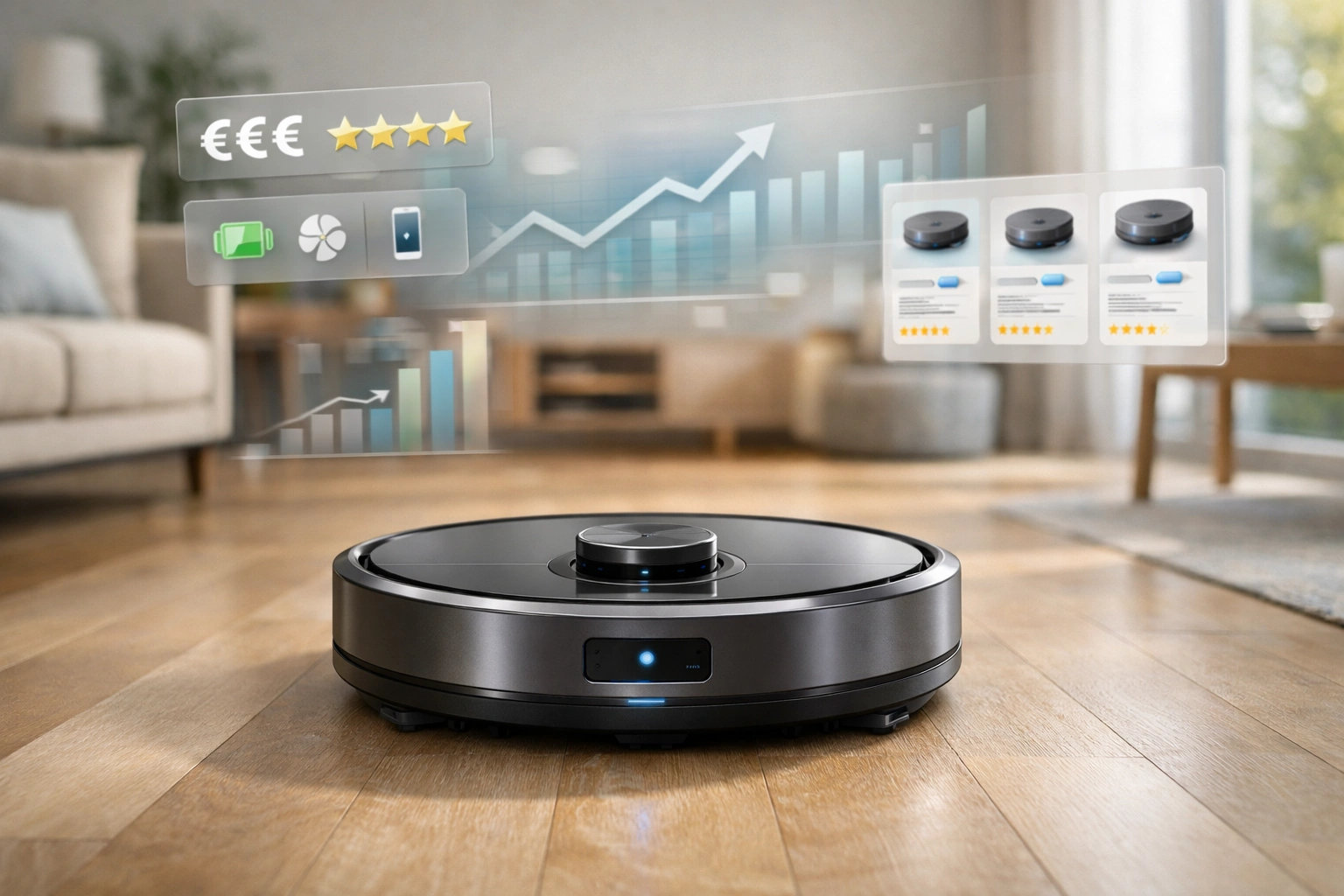 Robot aspirateur moderne dans un salon lumineux, avec icônes de comparaison prix et tendances 2026.