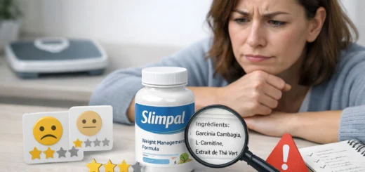 Personne examinant un flacon Slimpal avec doute, avis mitigés, loupe sur ingrédients et balance floue en arrière-plan.