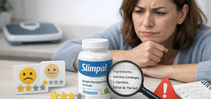 Personne examinant un flacon Slimpal avec doute, avis mitigés, loupe sur ingrédients et balance floue en arrière-plan.