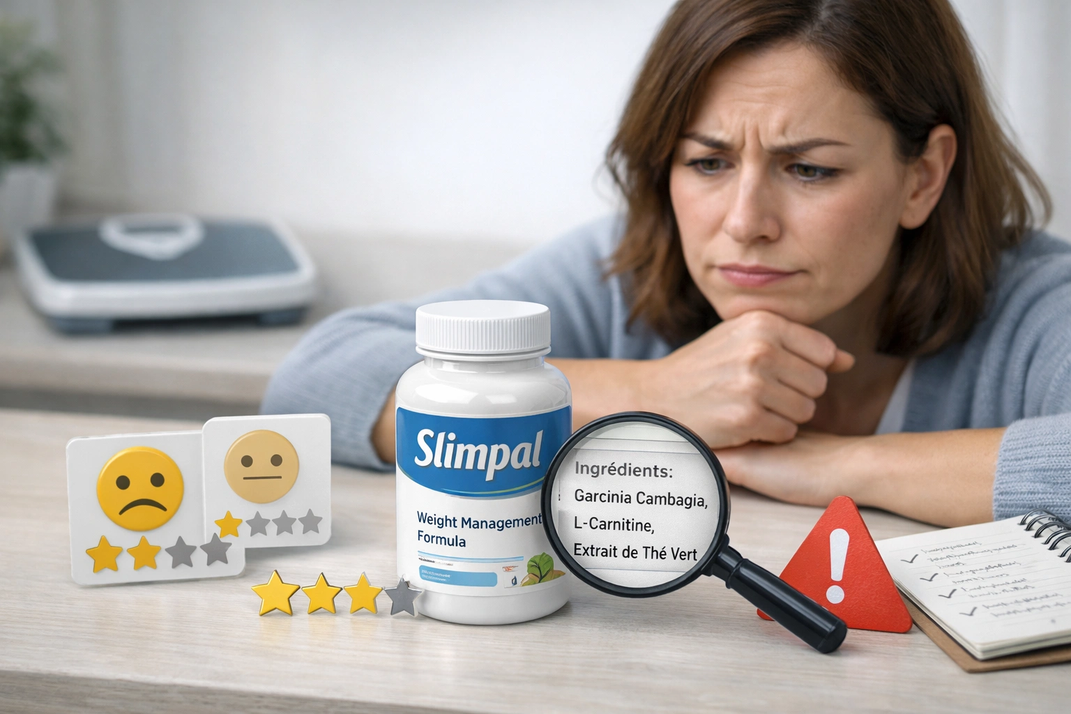 Personne examinant un flacon Slimpal avec doute, avis mitigés, loupe sur ingrédients et balance floue en arrière-plan.