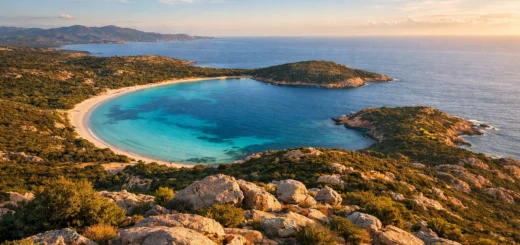 Vue panoramique du sommet de la presqu’île de la Rondinara, baie turquoise et plage en arc en Corse.
