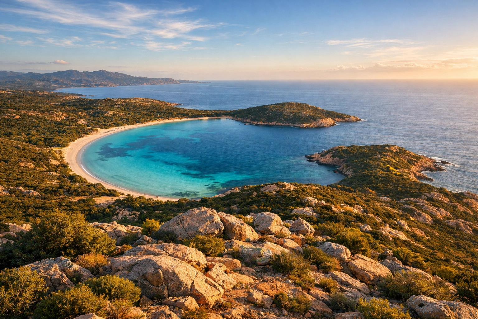 Vue panoramique du sommet de la presqu’île de la Rondinara, baie turquoise et plage en arc en Corse.
