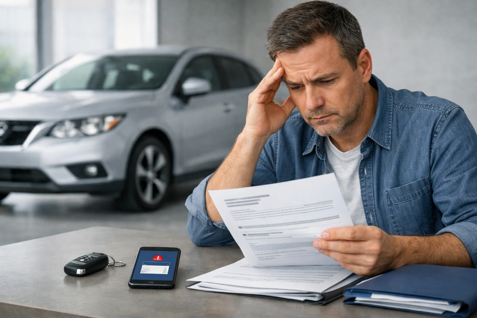 Automobiliste examinant une facture de protection auto, clés et smartphone sur table, voiture en arrière-plan.