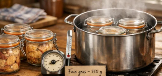 Bocaux de foie gras de 350 g en cours de stérilisation dans une cuisine française, avec marmite et ustensiles traditionnels.