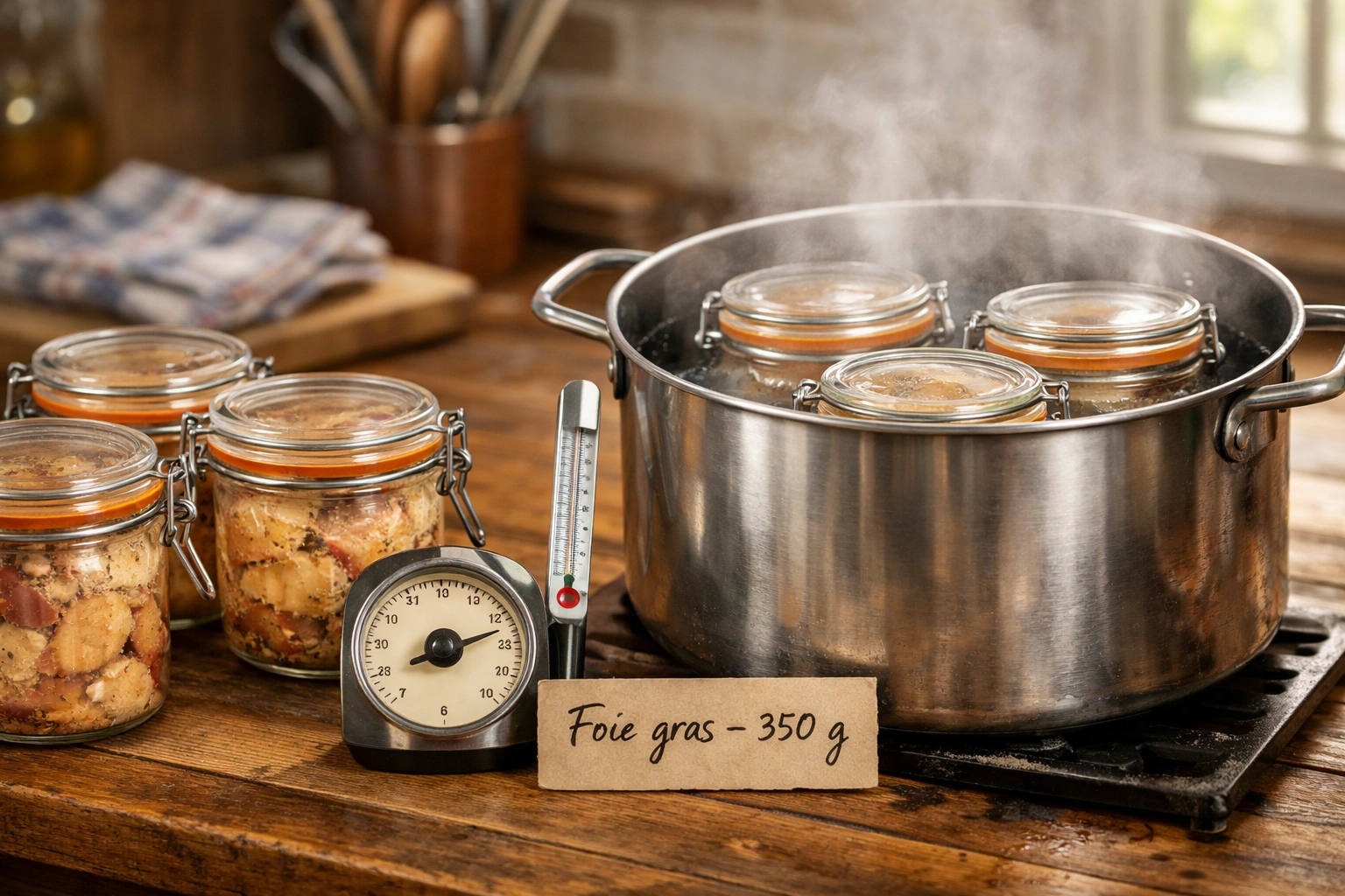 Bocaux de foie gras de 350 g en cours de stérilisation dans une cuisine française, avec marmite et ustensiles traditionnels.