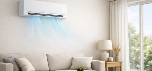 Salon moderne lumineux avec climatiseur sans unité extérieure, diffusant un air frais discret et élégant