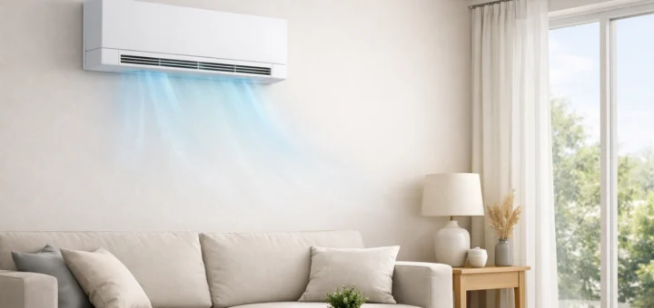 Salon moderne lumineux avec climatiseur sans unité extérieure, diffusant un air frais discret et élégant
