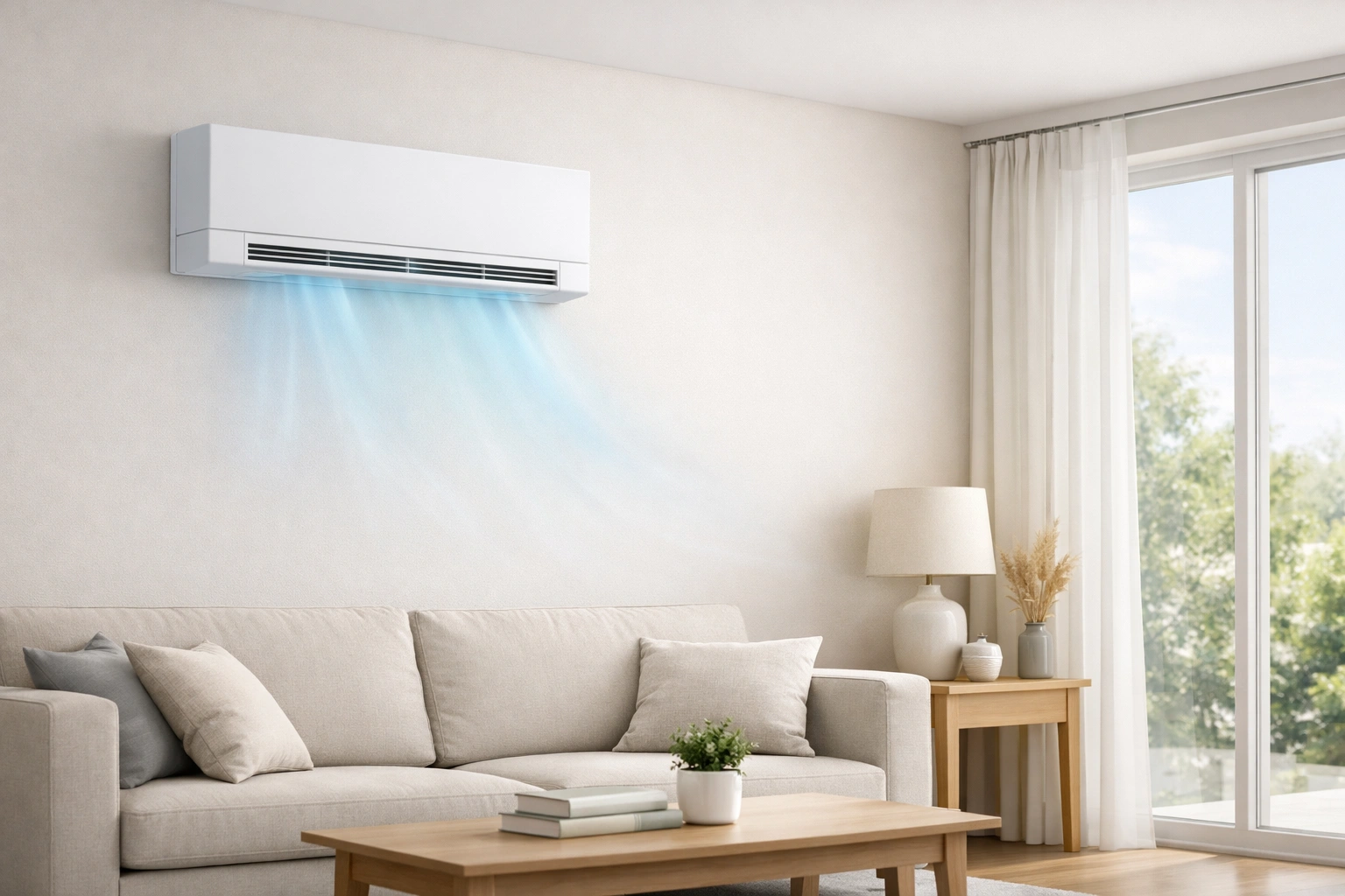 Salon moderne lumineux avec climatiseur sans unité extérieure, diffusant un air frais discret et élégant