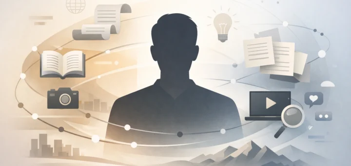 Illustration moderne avec silhouette humaine centrale, entourée d’icônes abstraites évoquant parcours, biographie et sources numériques.
