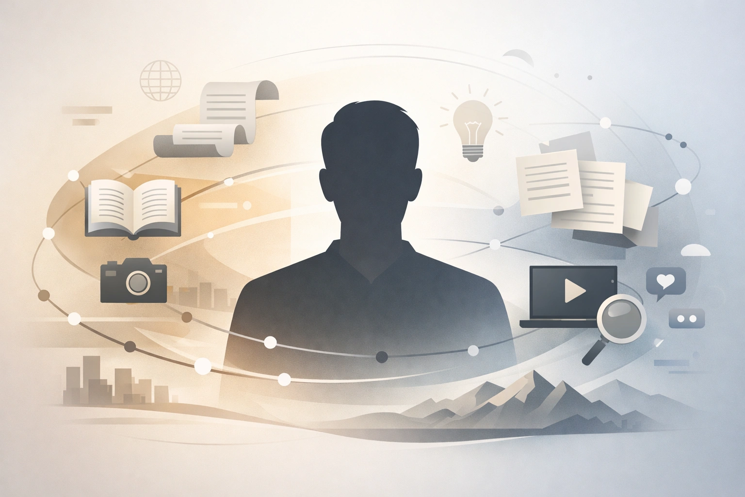 Illustration moderne avec silhouette humaine centrale, entourée d’icônes abstraites évoquant parcours, biographie et sources numériques.