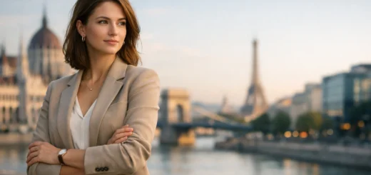 Femme européenne élégante en tenue professionnelle, posant devant un paysage urbain mêlant Paris et Budapest.